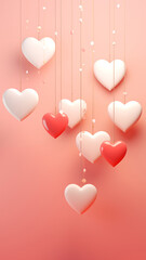 Wall Mural - White and red glossy hearts on coral peach background. Valentine's Day card