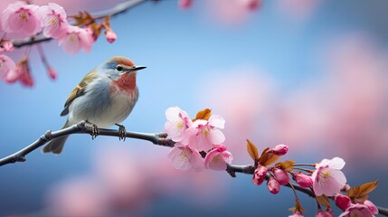 Bird sitting on branch of blossom cherry tree. Springtime. Natural background