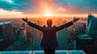 a man stands on the roof of a building and rejoices at success, wearing a business suit, motivation to achieve success goals, personal growth. Concept of success and achieving goals
