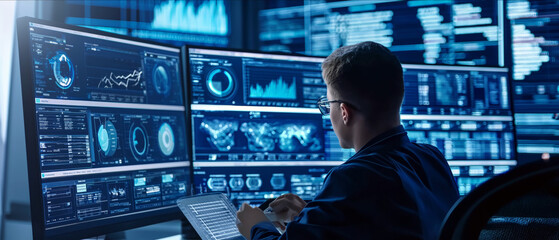 A man sitting in front of a computer monitor, focused on his work.