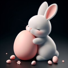 Wall Mural - Cute fluffy white Easter bunny hugs a pastel pink egg on a black background. Easter holiday concept in minimalism style. Fashion monochromatic   composition. Copy space for design.