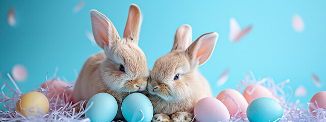 Wall Mural - two rabbits and colorful eggs, Easter concept