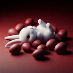 Wall Mural - Cute fluffy white Easter bunny is lying among the eggs on a dark red background. Easter holiday concept in minimalism style. Fashion monochromatic   composition. Copy space for design.