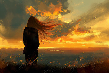 Wall Mural - girl standing on a hill, watching the sunset, with her hair blowing in the wind