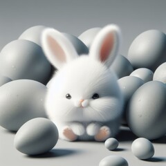 Wall Mural - Cute fluffy white Easter bunny is lying among the eggs on a pastel purple background. Easter holiday concept in minimalism style. Fashion monochromatic   composition. Copy space for design.
