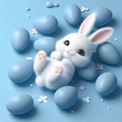 Wall Mural - Cute fluffy white Easter bunny is lying among the eggs on a pastel purple background. Easter holiday concept in minimalism style. Fashion monochromatic   composition. Copy space for design.