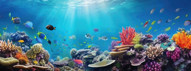 Sticker - Underwater coral reef and sea life, beautiful vibrant, colorful sea and fish, diving and biodiversity concept
