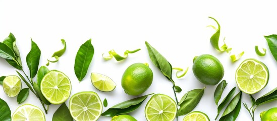 Wall Mural - Fresh lime fruits with the peel and leaves on a white background.