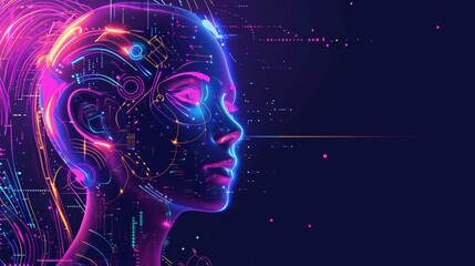 Neon-lit digital portrait of a female android with circuit patterns, on dark background with copy space  