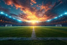 Realistic Concept As The Evening Twilight Descends, The Stadium Lights Come Alive,