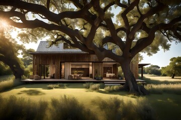 Wall Mural - In the quiet countryside, there's a quaint house nestled beneath the branches of a majestic oak tree