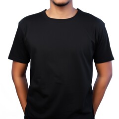 Sticker - Black colour round neck t-shirt, front view isolated on a white background