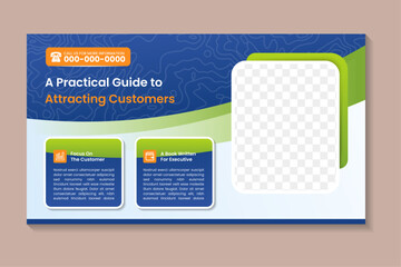 Poster - abstact design template for a personal guide to attracting customers. horizontal layout flyer with space for photo. custom line pattern contour topography map in transparency white. blue and green