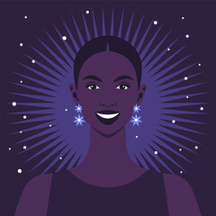 Wall Mural - A face of a happy African woman. Portrait of a smiling teenager. Vector flat Illustration