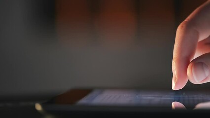 Poster - Phone, finger scrolling on screen for reading information closeup in studio on dark background. Hands, contact and app on display with person using internet on mobile for online research on space