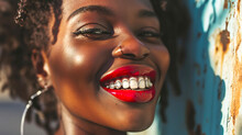 Smiling African Woman With Bright Red Lipstick And Dental Grillz Against Sunny Wall