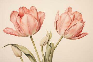 Wall Mural - pair of floral tulips on neutral backdrop. Generative AI