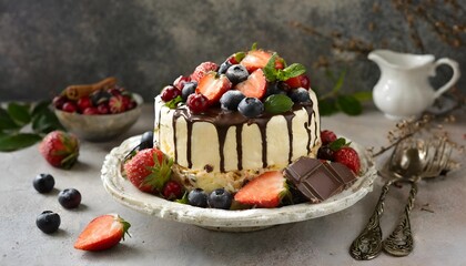 Wall Mural - Chocolate cake with berries and fruits