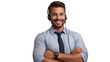 Portrait of a happy call center man arms crossed isolated on a transparent background for consulting. Smile, customer support or service career with a young employee on PNG for telemarketing