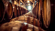 Vintage oak barrels in cellar, aging wine or whiskey in storeroom

