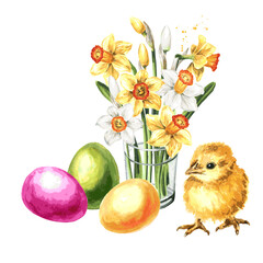  Happy Easter concept. Hand drawn watercolor illustration isolated on white background 