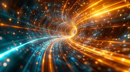 abstract representation of a wormhole in space, with light trails and particles, symbolizing space-t
