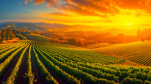 Golden Sunrise Shines Over A Beautiful Vineyard With Neat Rows Of Grapevines And Rolling Hills In The Distance