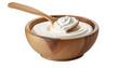 Greek yogurt in wooden bowl with spoon. isolated on transparent background.