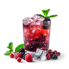 Glass of berry drink or cocktail with ice and mint isolated on white background