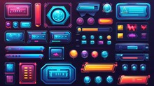 Game Design Interface With Glossy Buttons And Panels. Vector Cartoon Set Of Ui Elements Different Colors, Circle Buttons With Icons, Bars, Sliders, Arrows And Login Frame