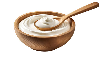 Wall Mural - Greek yogurt in wooden bowl with spoon. isolated on transparent background.