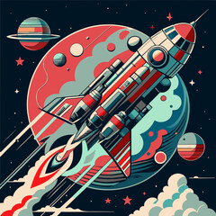 Wall Mural - Abstract space drawing with a rocket flying past the planets. SVG file.