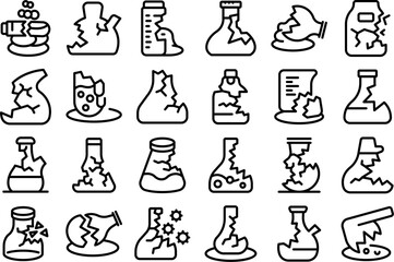 Wall Mural - Broken laboratory glassware icons set outline vector. Science medical. Lab test tube
