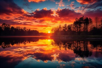 Wall Mural - A sunset lake landscape, river and tree landscape.