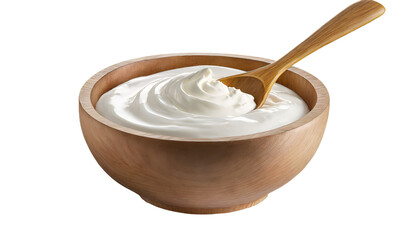 Wall Mural - Greek yogurt in wooden bowl with spoon. isolated on transparent background.