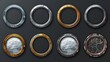© Orxan - Set of round ui game frames, textured circles made of silver, gold, metal with snow, wood or stone materials Cartoon circular empty borders, isolated graphic design gui elements, Vector illustration