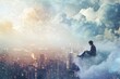 A scene where a person is sitting on a cloud above a cityscape, depicting dreams and aspirations