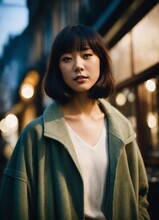 Portrait Of A Beautiful Japanese Fashion Model With Bob-cut Hair And A Sporty Athleisure Outfit, Ethereal Dreamy Foggy, Photoshoot By Henri Cartier Bressons, Editorial Fashion Magazine Photoshoot, Fas