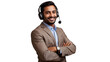 © F U T U R O  - Portrait of a happy indian call center man arms crossed isolated on a transparent background for consulting. Smile, customer support or service career with a young employee on PNG for telemarketing