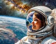 Astronaut im Weltraum mit der Erde im Hintergrund, der auf die Milchstraße blickt, digital gemalt im Stil von Van Gogh