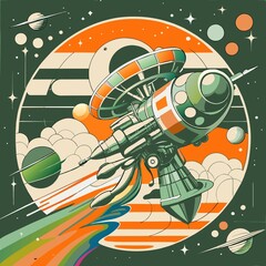Wall Mural - Abstract space drawing with a space probe flying past the planets. Raster version of a vector illustration.