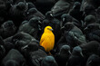 Yellow Bird Among Many Black Crow Flock, One Among Another Illustration, To Stand Out From Crowd Concept, Unique Person