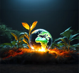 Earth crystal glass globe ball and tree in robot hand saving the environment, Hand holding light bulb against nature on green leaf with energy sources, Sustainable development ,aquarium with fishes