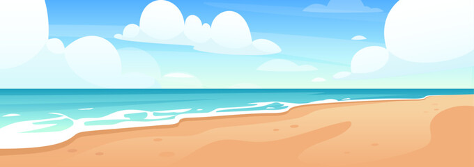 Wall Mural - Ocean coastline. Vector illustration of summer beach, tropical ocean coastline with beautiful sky, sand beach. Marine horizontal landscape background. Seascape view. Summer holidays. Vacation place