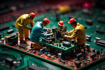 Group of worker figurines doing maintenance on a computer motherboard. Generative AI illustration.