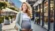 © Marko - Young, pregnant woman  strolling urban street, outside local shops, camera, casual elegant style