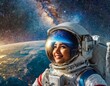 Astronaut im Weltraum mit der Erde im Hintergrund, der auf die Milchstraße blickt, digital gemalt im Stil von Van Gogh