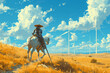 Don Quixote on horseback through wind farm
