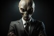 closeup portrait of an humanoid alien in a business suit with tie on a black background