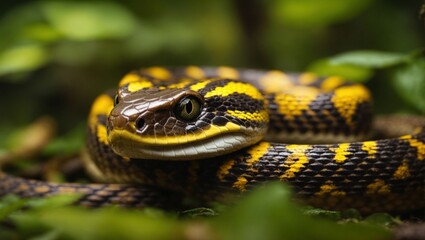 Wall Mural - Wild snake in the grass, macro view. Black and yellow  python face closeup